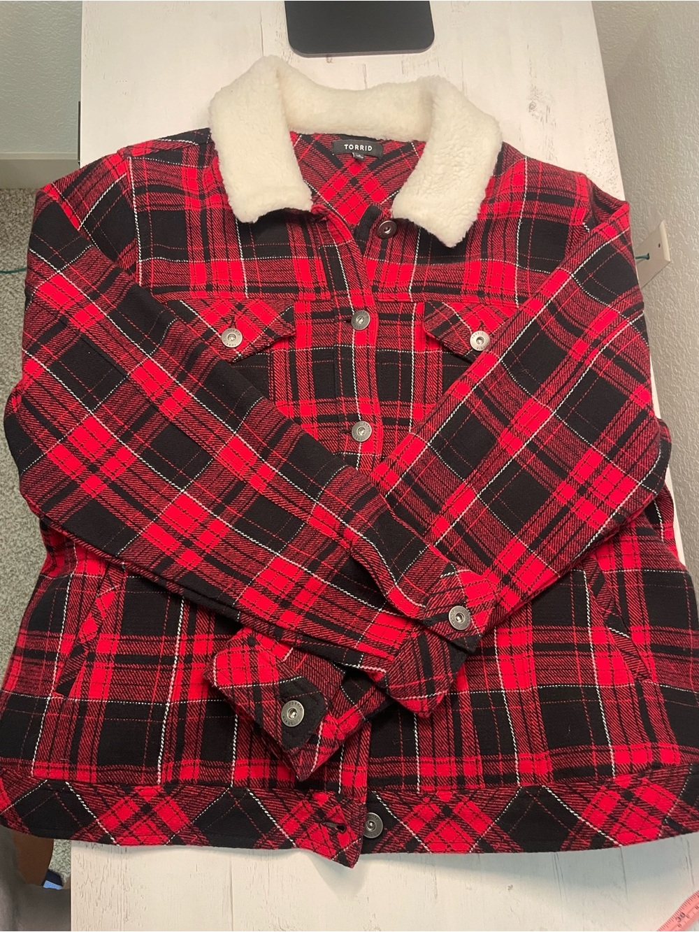 Torrid Red Black Plaid Sherpa Collar Jacket Size 2 Plus Size Trucker Shacket - Picture 5 of 10
